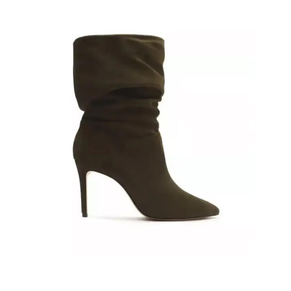 Schutz Ashlee Suede Slouch Mid-Calf Booties Stiletto Heel Boots Black 7.5 - Picture 2 of 10